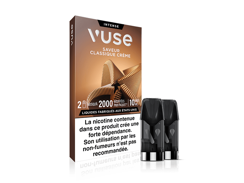 Vuse | Une boîte de capsules pour cigarette électronique « Vuse Intense Saveur Classique Crème », avec deux capsules de recharge à l'avant. L'emballage comporte un avertissement en français indiquant que la nicotine contenue dans ce produit entraîne une forte dépendance et qu'il n'est pas recommandé aux non-fumeurs. | Cigarettes Electroniques et Recharges