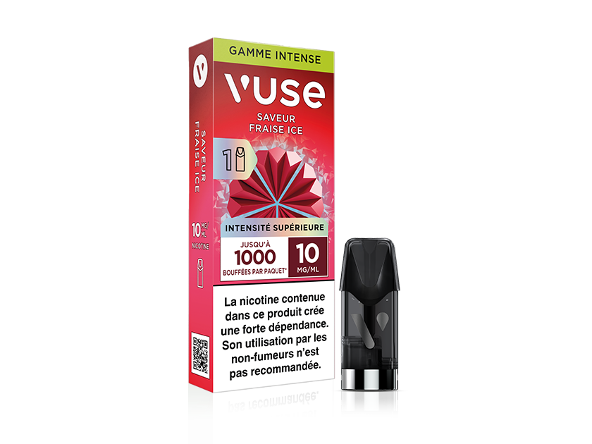 Vuse | Un paquet de pods pour cigarette électronique Vuse portant la mention « Fraise Ice », orné d'un motif géométrique rouge représentant une fraise, d'une concentration en nicotine de 10 mg/mL, avec un pod visible à côté de la boîte. Le texte est en français. | Cigarettes Electroniques et Recharges