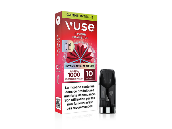 Vuse | Un paquet de pods pour cigarette électronique Vuse portant la mention « Fraise Ice », orné d'un motif géométrique rouge représentant une fraise, d'une concentration en nicotine de 10 mg/mL, avec un pod visible à côté de la boîte. Le texte est en français. | Cigarettes Electroniques et Recharges