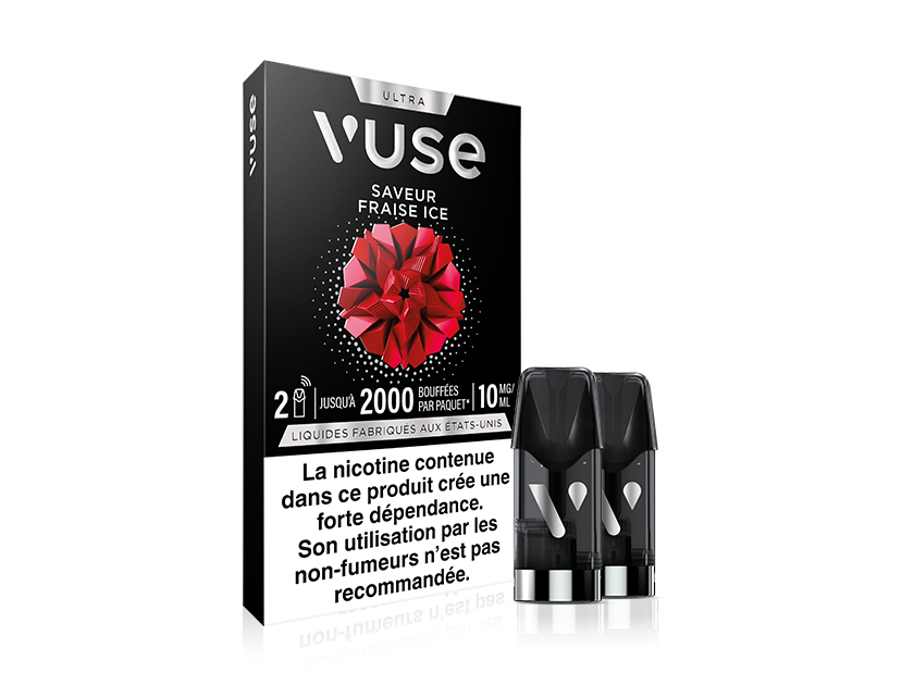 Vuse | Une boîte de capsules de vapotage Vuse Ultra, saveur Fraise Ice, avec deux capsules exposées à côté. L'emballage comporte un grand motif représentant une fraise rouge et, en bas, un avertissement en français sur la dépendance à la nicotine. | Cigarettes Electroniques et Recharges