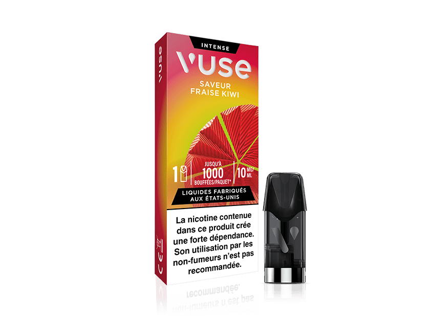 Vuse | Une boîte de pods VUSE 1 « Saveur Fraise Kiwi » est présentée à côté d'un pod de vapotage isolé. L'emballage comporte un texte en français et une étiquette d'avertissement relative à la nicotine en bas. | Cigarettes Electroniques et Recharges