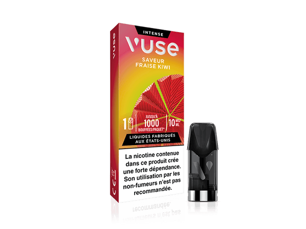 Vuse | Une boîte de pods VUSE 1 « Saveur Fraise Kiwi » est présentée à côté d'un pod de vapotage isolé. L'emballage comporte un texte en français et une étiquette d'avertissement relative à la nicotine en bas. | Cigarettes Electroniques et Recharges