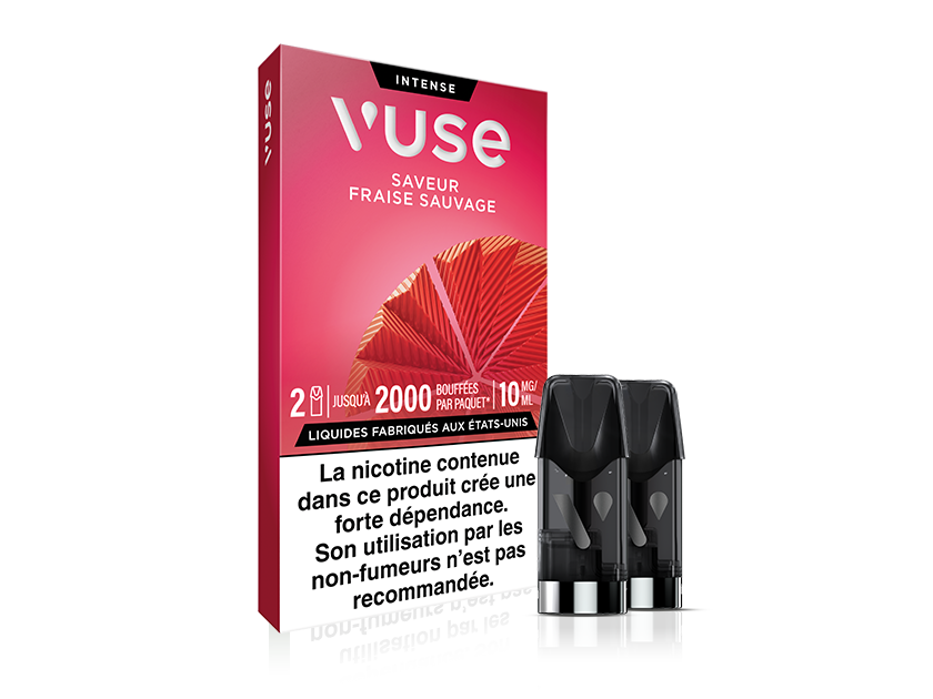Vuse | Boîte de pods pour cigarette électronique « Vuse Intense Fraise Sauvage », avec deux pods à côté. La boîte présente un motif rouge et comporte, en bas, une étiquette d'avertissement sur la nicotine en français. | Cigarettes Electroniques et Recharges