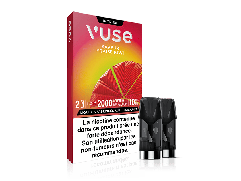Vuse | Un paquet de pods Vuse Intense Fraise Kiwi contenant deux pods, posé devant une boîte rouge et orange. La boîte représente un kiwi et une fraise coupés en tranches, et une mention d'avertissement relative à la nicotine, rédigée en français, figure en bas. | Cigarettes Electroniques et Recharges