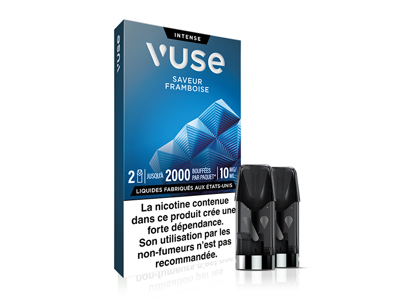 Vuse | On voit une boîte de capsules de vapotage Vuse Intense à la framboise, avec trois capsules à côté. Une étiquette d'avertissement française sur la boîte indique que ce produit crée une forte dépendance et n'est pas recommandé aux non-fumeurs. | Cigarettes Electroniques et Recharges