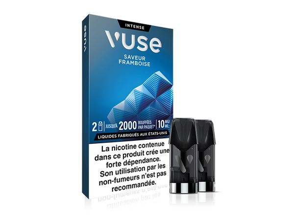 Vuse | On voit une boîte de capsules de vapotage Vuse Intense à la framboise, avec trois capsules à côté. Une étiquette d'avertissement française sur la boîte indique que ce produit crée une forte dépendance et n'est pas recommandé aux non-fumeurs. | Cigarettes Electroniques et Recharges