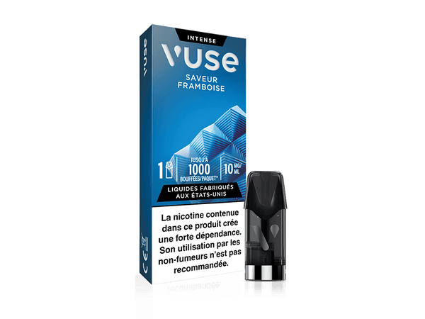 Vuse | Une boîte VUSE bleue portant la mention « 1 Pod Saveur Framboise », avec une cartouche de vapotage à la framboise visible à l'avant. Le texte figurant sur l'emballage indique 1 000 bouffées et une teneur en nicotine de 10 mg/ml. Un avertissement en français concernant la dépendance à la nicotine apparaît au bas de l'emballage de la cartouche. | Cigarettes Electroniques et Recharges