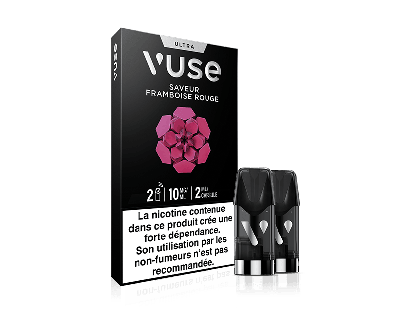 Vuse | Une boîte de capsules pour cigarette électronique Vuse Ultra à la framboise, ornée d'un motif rose représentant une framboise et de deux capsules noires à côté. Un avertissement français sur la nicotine est visible au bas de la boîte. | Cigarettes Electroniques et Recharges