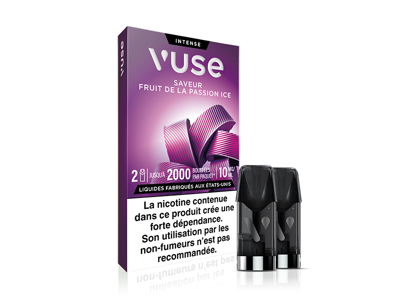 Vuse | Une boîte de capsules de vapotage Vuse Intense Fruit de la Passion Ice, avec deux capsules à côté. L'emballage est violet avec du texte blanc et comporte, en bas, un avertissement sur la nicotine en français. | Cigarettes Electroniques et Recharges