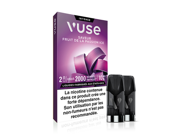 Vuse | Une boîte de capsules de vapotage Vuse Intense Fruit de la Passion Ice, avec deux capsules à côté. L'emballage est violet avec du texte blanc et comporte, en bas, un avertissement sur la nicotine en français. | Cigarettes Electroniques et Recharges