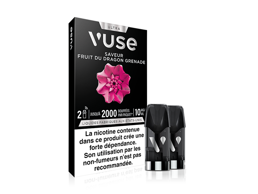 Vuse | Boîte de capsules pour cigarette électronique Vuse Ultra au parfum « Fruit du Dragon Grenade », ornée d'un motif de fleurs roses, contenant deux capsules noires et comportant sur le devant un avertissement en français concernant la dépendance à la nicotine. | Cigarettes Electroniques et Recharges