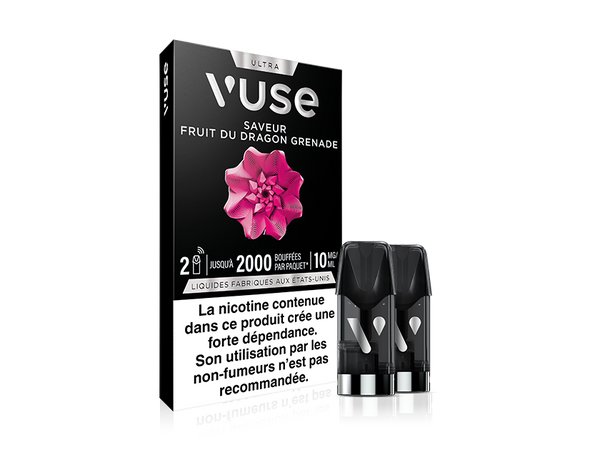 Vuse | Boîte de capsules pour cigarette électronique Vuse Ultra au parfum « Fruit du Dragon Grenade », ornée d'un motif de fleurs roses, contenant deux capsules noires et comportant sur le devant un avertissement en français concernant la dépendance à la nicotine. | Cigarettes Electroniques et Recharges