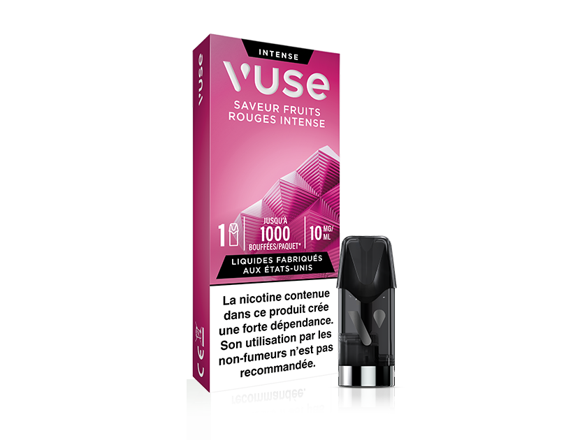 Vuse | Une boîte de VUSE 1 Pod Saveur Fruits Rouges Intense, de couleur rose et blanche, se trouve à côté d'une capsule noire, sur laquelle figure, en bas, un avertissement français concernant la nicotine. | Cigarettes Electroniques et Recharges