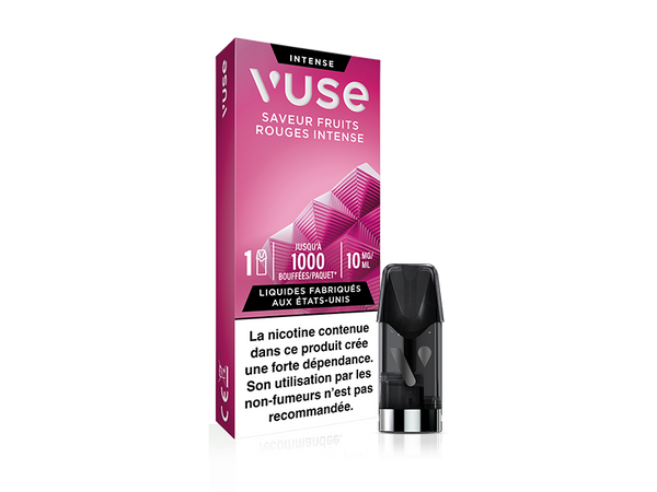 Vuse | Une boîte de VUSE 1 Pod Saveur Fruits Rouges Intense, de couleur rose et blanche, se trouve à côté d'une capsule noire, sur laquelle figure, en bas, un avertissement français concernant la nicotine. | Cigarettes Electroniques et Recharges