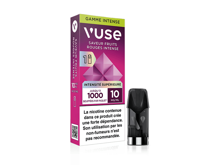 Vuse | Un paquet de pods pour vapoteuse Vuse portant la mention « Saveur Fruits Rouges Intense », contenant 10 mg/mL de nicotine, avec un pod à côté. L'emballage est principalement violet et comporte un texte en français ainsi qu'un avertissement sanitaire. | Cigarettes Electroniques et Recharges