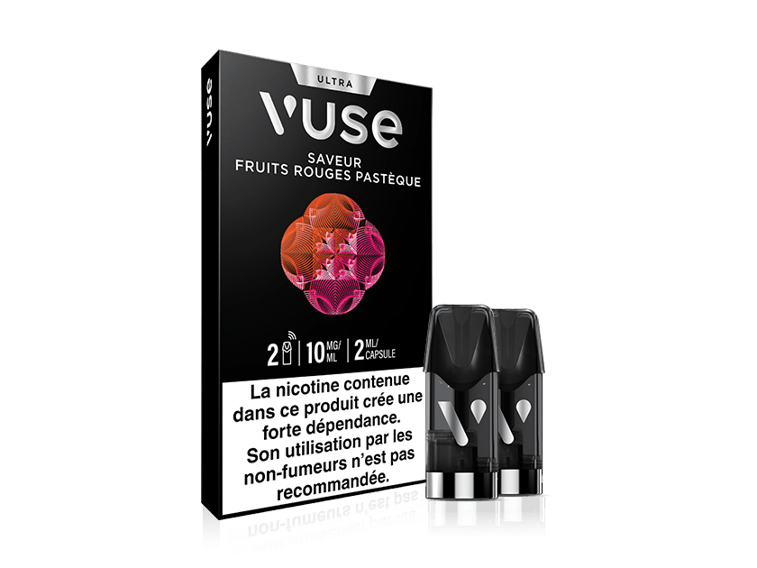 Vuse | Emballage des pods de vapotage Vuse Ultra Fruits Rouges Pastèque, avec deux pods noirs à côté. La boîte comporte des illustrations de fruits et un avertissement concernant la nicotine en français en bas. | Cigarettes Electroniques et Recharges