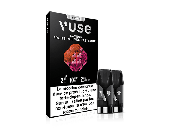 Vuse | Emballage des pods de vapotage Vuse Ultra Fruits Rouges Pastèque, avec deux pods noirs à côté. La boîte comporte des illustrations de fruits et un avertissement concernant la nicotine en français en bas. | Cigarettes Electroniques et Recharges