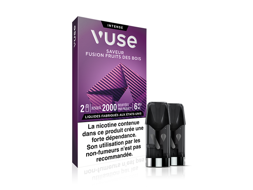 Vuse | On voit ici une boîte de pods Vuse Intense Fusion Fruits des Bois, avec deux pods posés à côté. La boîte comporte un texte en français et une étiquette d'avertissement sur la nicotine en bas. | Cigarettes Electroniques et Recharges