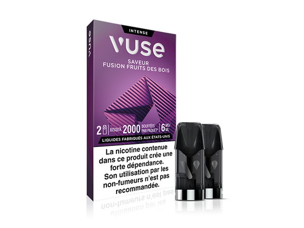 Vuse | On voit ici une boîte de pods Vuse Intense Fusion Fruits des Bois, avec deux pods posés à côté. La boîte comporte un texte en français et une étiquette d'avertissement sur la nicotine en bas. | Cigarettes Electroniques et Recharges
