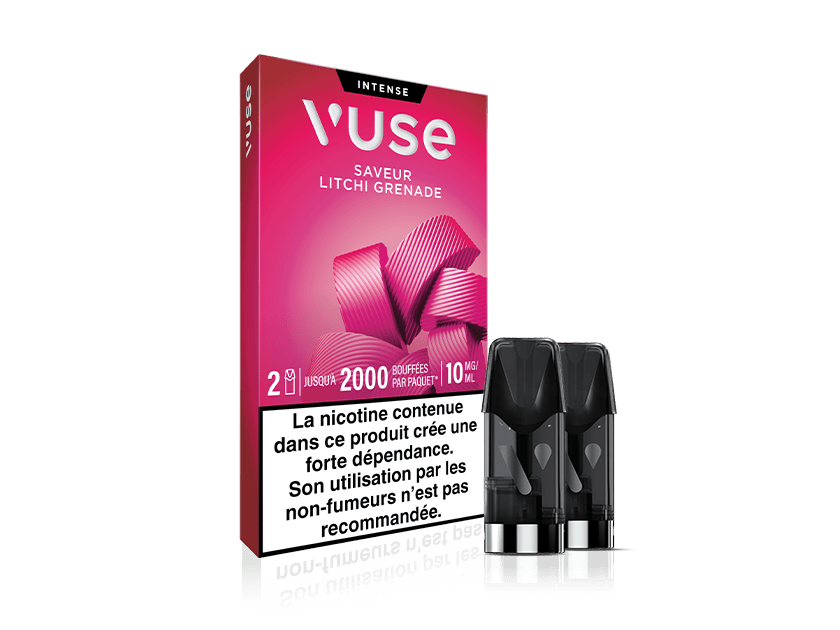 Vuse | On voit ici un paquet de pods Vuse Intense Litchi Grenade de couleur rose, avec deux pods noirs à l'avant. L'emballage comporte des illustrations représentant des litchis ainsi qu'un avertissement concernant la nicotine en français, en bas de l'emballage. | Cigarettes Electroniques et Recharges