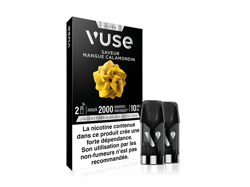 Vuse | Boîte de capsules de vapotage Vuse Ultra à la saveur mangue-calamondin, accompagnée de deux capsules noires et transparentes. Un texte figurant sur la boîte, rédigé en français, met en garde contre la dépendance à la nicotine. | Cigarettes Electroniques et Recharges