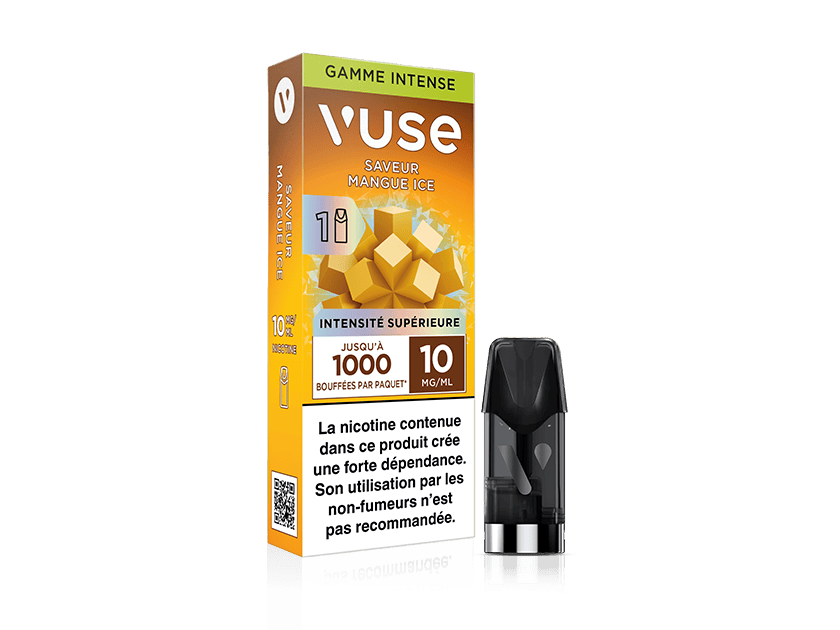 Vuse | On voit ici une boîte de pods Vuse à la saveur « mangue glacée » posée à côté d'un pod noir. La boîte comporte des illustrations représentant des cubes de mangue, des informations sur la saveur ainsi que des avertissements sanitaires en français. | Cigarettes Electroniques et Recharges