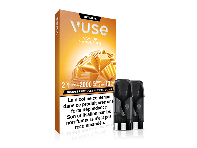 Vuse | Un pack de cartouches de vapotage « Vuse Mangue Ice » contenant deux cartouches à l'avant ; étiquette d'avertissement française relative à la nicotine en bas. Boîte de couleur orange ornée d'un motif géométrique représentant une mangue et des informations sur le produit. | Cigarettes Electroniques et Recharges