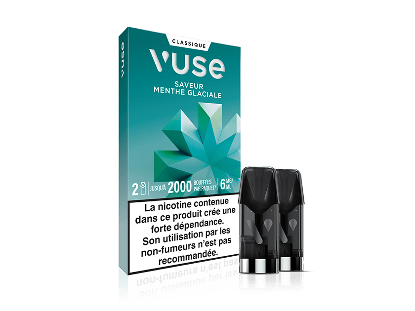 Vuse | Une boîte de capsules de vapotage Vuse Menthe Glaciale est posée à la verticale, arborant un motif géométrique couleur turquoise représentant des feuilles de menthe. À l'avant, on aperçoit deux capsules noires. Une étiquette d'avertissement française sur la nicotine est visible au bas de la boîte. | Cigarettes Electroniques et Recharges