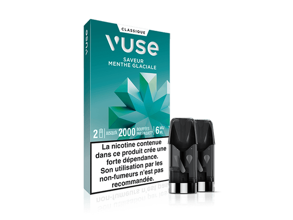 Vuse | Une boîte de capsules de vapotage Vuse Menthe Glaciale est posée à la verticale, arborant un motif géométrique couleur turquoise représentant des feuilles de menthe. À l'avant, on aperçoit deux capsules noires. Une étiquette d'avertissement française sur la nicotine est visible au bas de la boîte. | Cigarettes Electroniques et Recharges