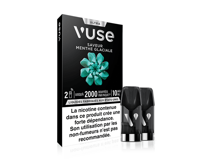 Vuse | Un paquet de pods pour vapoteuse Vuse Ultra portant la mention « Saveur Menthe Glaciale », avec deux pods noirs au premier plan. Un avertissement concernant la nicotine, rédigé en français, est visible au bas de la boîte. Le fond est blanc. | Cigarettes Electroniques et Recharges