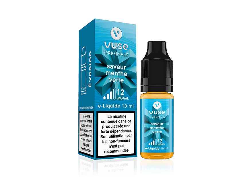 Vuse | Un coffret d'e-liquide Vuse Originals et un flacon de 10 ml, saveur menthe, avec une teneur en nicotine de 12 mg/ml. L'emballage est bleu avec du texte en blanc et une mise en garde sanitaire en français concernant la teneur en nicotine et les conseils d'utilisation. | Cigarettes Electroniques et Recharges