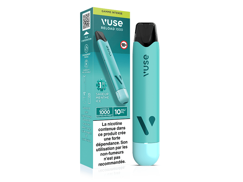 Vuse | Une cigarette électronique jetable Vuse Reload 1000 de couleur turquoise est posée à côté de son emballage assorti, sur lequel figurent un texte en français, les caractéristiques du produit et un avertissement concernant la dépendance à la nicotine. La saveur indiquée est « menthe glacée ». | Cigarettes Electroniques et Recharges