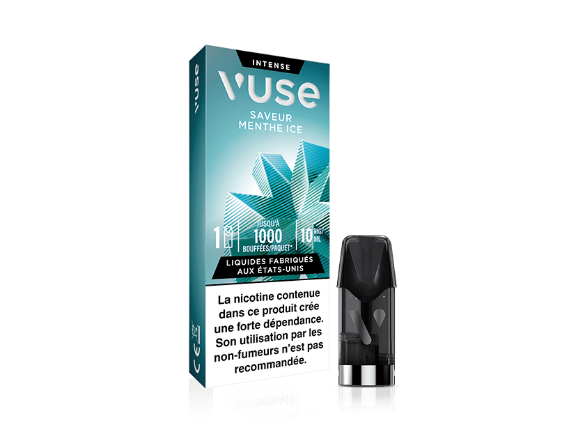 Vuse | On voit ici un paquet de capsules de vapotage « Vuse Intense Menthe Ice » à côté d'une capsule de vapotage foncée. La boîte est ornée d'un motif représentant une feuille de menthe et comporte, en bas, un texte en français mettant en garde contre la dépendance à la nicotine. | Cigarettes Electroniques et Recharges