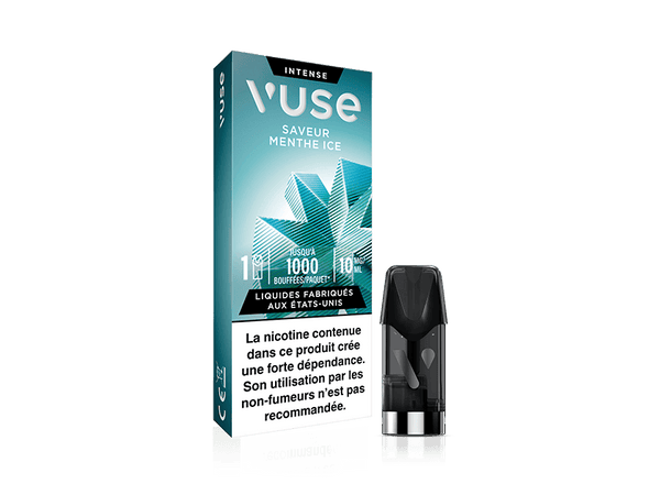 Vuse | On voit ici un paquet de capsules de vapotage « Vuse Intense Menthe Ice » à côté d'une capsule de vapotage foncée. La boîte est ornée d'un motif représentant une feuille de menthe et comporte, en bas, un texte en français mettant en garde contre la dépendance à la nicotine. | Cigarettes Electroniques et Recharges