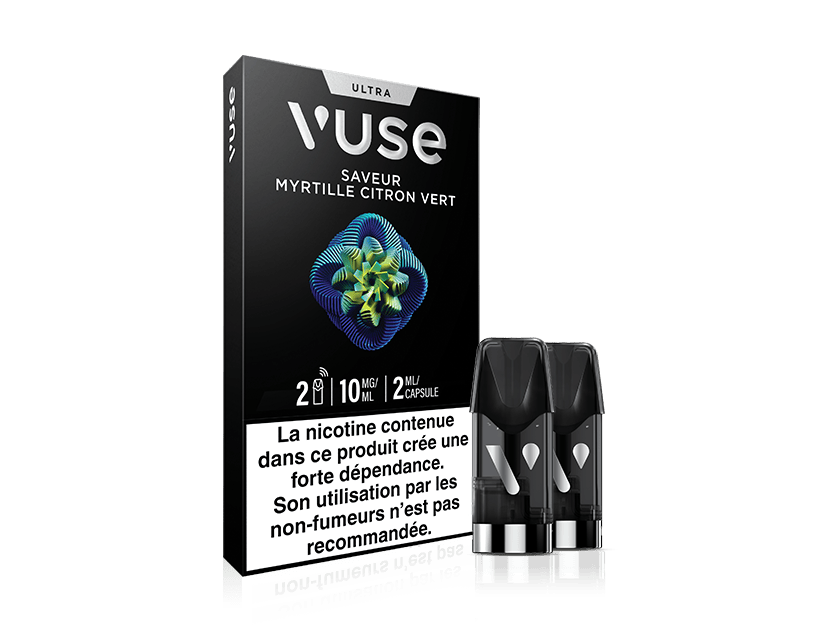 Vuse | Un paquet de capsules pour cigarette électronique Vuse portant la mention « Saveur Myrtille Citron Vert », avec deux capsules noires visibles au premier plan. La boîte comporte, en bas, un avertissement concernant la nicotine rédigé en français. | Cigarettes Electroniques et Recharges