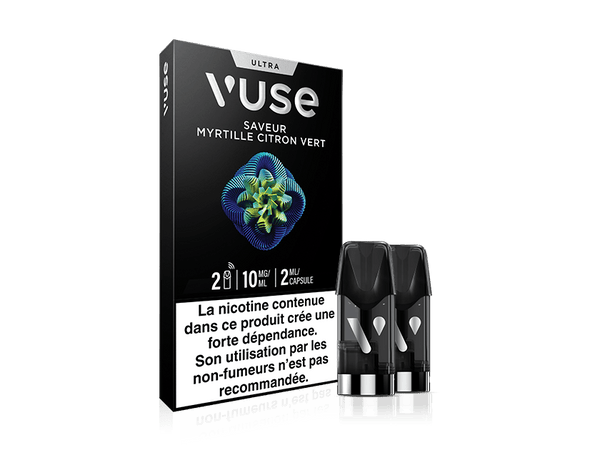 Vuse | Un paquet de capsules pour cigarette électronique Vuse portant la mention « Saveur Myrtille Citron Vert », avec deux capsules noires visibles au premier plan. La boîte comporte, en bas, un avertissement concernant la nicotine rédigé en français. | Cigarettes Electroniques et Recharges