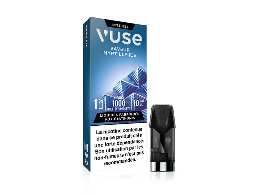Vuse | Une boîte de cartouches pour vapoteuse Vuse portant la mention « Intense Saveur Myrtille Ice », avec une cartouche posée à côté. La boîte comporte des illustrations bleues, des informations sur le dosage et un avertissement concernant la nicotine en français. | Cigarettes Electroniques et Recharges