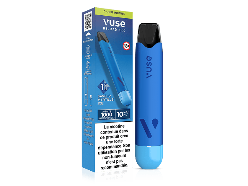 Vuse | Une cigarette électronique jetable Vuse Reload 1000 bleue est posée à côté de son emballage bleu, sur lequel figurent les informations relatives au produit et les avertissements en français. L'appareil et la boîte arborent tous deux le logo Vuse ainsi que le nom de la saveur : Myrtille Ice. | Cigarettes Electroniques et Recharges