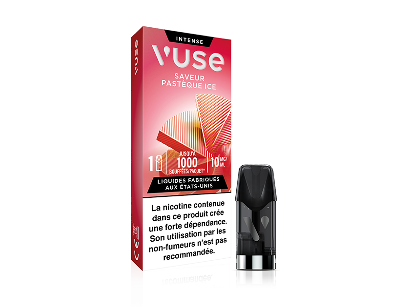 Vuse | Un paquet de capsules pour vapoteuse Vuse portant la mention « Saveur Pastèque Ice », orné d'une illustration de pastèque, se trouve à côté d'une capsule de recharge noire. Une mise en garde en français indique que la nicotine crée une dépendance et n'est pas recommandée aux non-fumeurs. | Cigarettes Electroniques et Recharges
