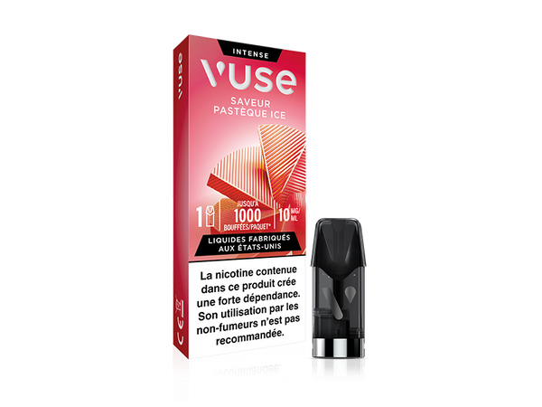 Vuse | Un paquet de capsules pour vapoteuse Vuse portant la mention « Saveur Pastèque Ice », orné d'une illustration de pastèque, se trouve à côté d'une capsule de recharge noire. Une mise en garde en français indique que la nicotine crée une dépendance et n'est pas recommandée aux non-fumeurs. | Cigarettes Electroniques et Recharges