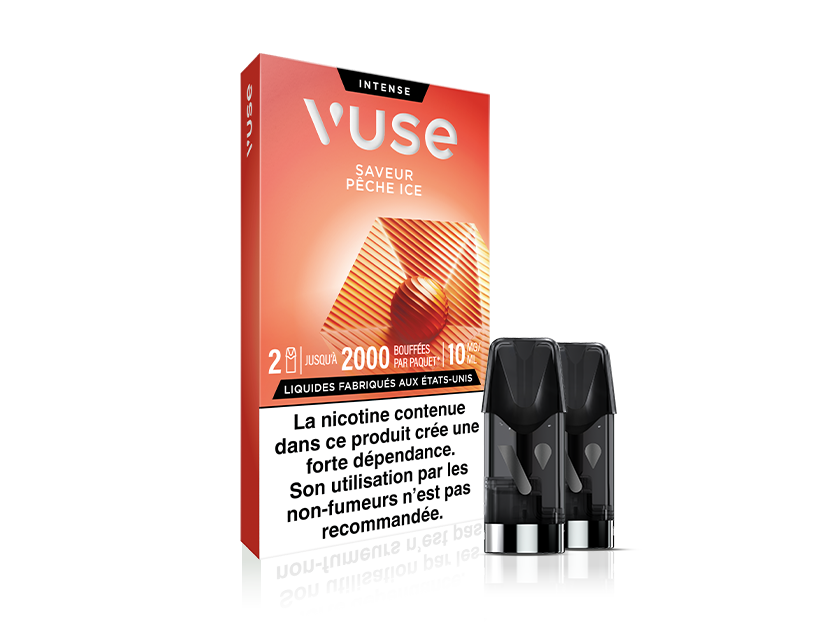 Vuse | Lot de cartouches de vapotage Vuse Intense Pêche Ice comprenant deux cartouches noires posées à côté d'une boîte orange. Un texte en français met en garde contre la dépendance à la nicotine et précise que ce produit n'est pas recommandé aux non-fumeurs. | Cigarettes Electroniques et Recharges