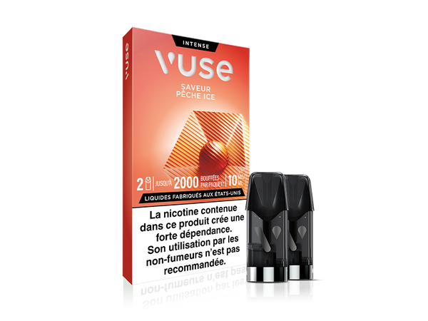 Vuse | Lot de cartouches de vapotage Vuse Intense Pêche Ice comprenant deux cartouches noires posées à côté d'une boîte orange. Un texte en français met en garde contre la dépendance à la nicotine et précise que ce produit n'est pas recommandé aux non-fumeurs. | Cigarettes Electroniques et Recharges