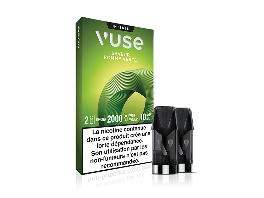 Vuse | Un emballage vert de pods pour vapoteuse Vuse Intense portant l'inscription « Saveur Pomme Verte », avec deux pods à l'avant et une étiquette d'avertissement française sur les risques de dépendance à la nicotine au bas de la boîte. | Cigarettes Electroniques et Recharges