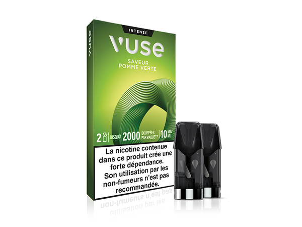 Vuse | Un emballage vert de pods pour vapoteuse Vuse Intense portant l'inscription « Saveur Pomme Verte », avec deux pods à l'avant et une étiquette d'avertissement française sur les risques de dépendance à la nicotine au bas de la boîte. | Cigarettes Electroniques et Recharges