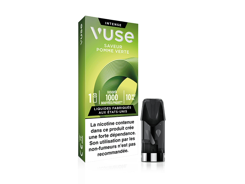 Vuse | Une boîte verte de cartouches pour vapoteuse Vuse portant la mention « Saveur Pomme Verte », à côté de laquelle se trouve une cartouche de vapoteuse de couleur foncée. Un texte en français met en garde contre la forte dépendance à la nicotine et déconseille son utilisation aux non-fumeurs. | Cigarettes Electroniques et Recharges