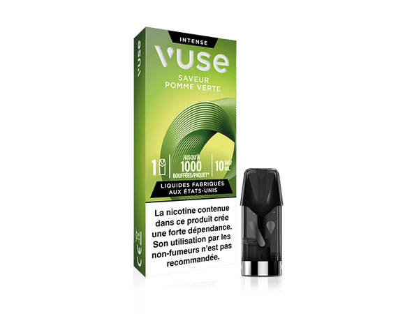 Vuse | Une boîte verte de cartouches pour vapoteuse Vuse portant la mention « Saveur Pomme Verte », à côté de laquelle se trouve une cartouche de vapoteuse de couleur foncée. Un texte en français met en garde contre la forte dépendance à la nicotine et déconseille son utilisation aux non-fumeurs. | Cigarettes Electroniques et Recharges