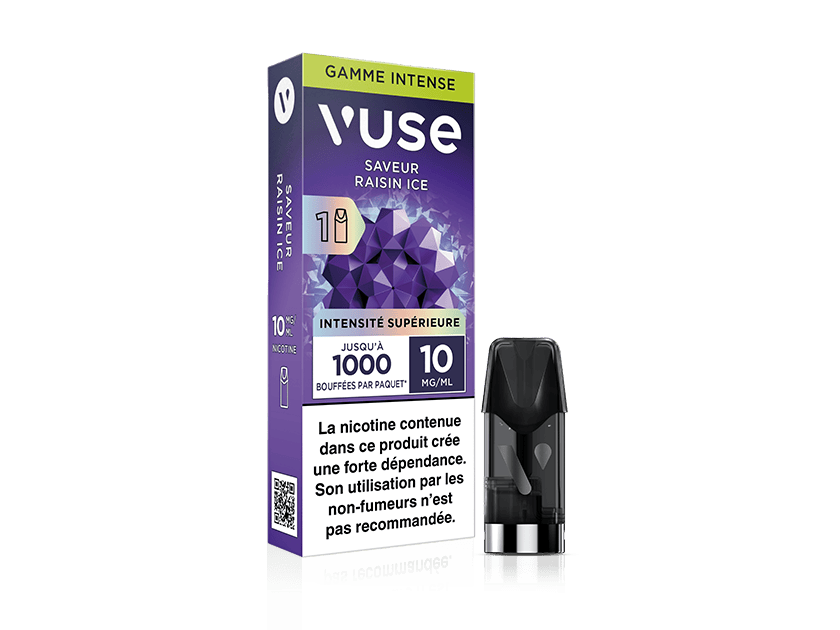 Vuse | On voit ici un paquet de capsules de vapotage Vuse Raisin Ice à côté d'une capsule noire. La boîte est violette et ornée de motifs géométriques ; elle indique en français « 1 000 bouffées » et une concentration en nicotine de 10 mg/ml. | Cigarettes Electroniques et Recharges