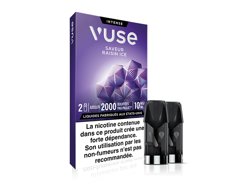 Vuse | On voit ici une boîte de capsules de vapotage Vuse au parfum « Raisin Ice », avec trois capsules au premier plan. L'emballage est violet et orné de glaçons géométriques. Un avertissement concernant la nicotine, rédigé en français, figure au bas de l'emballage. | Cigarettes Electroniques et Recharges