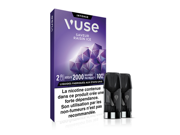 Vuse | On voit ici une boîte de capsules de vapotage Vuse au parfum « Raisin Ice », avec trois capsules au premier plan. L'emballage est violet et orné de glaçons géométriques. Un avertissement concernant la nicotine, rédigé en français, figure au bas de l'emballage. | Cigarettes Electroniques et Recharges