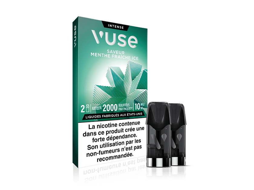 Vuse | Une boîte de dosettes Vuse Intense « menthe fraîche ice » avec deux dosettes noires au premier plan. L'emballage présente un motif de feuilles vertes et, en bas, une mention d'avertissement relative à la nicotine en français. | Cigarettes Electroniques et Recharges